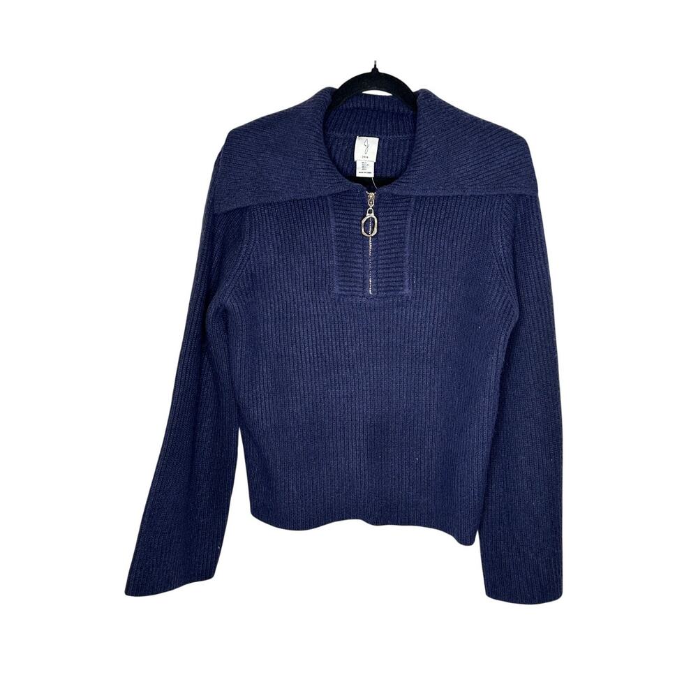 Joie Sweater Women L Navy Blue Ribbed Knit Quarter Zip Oversized Collar Pullover